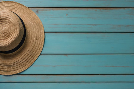 Straw hat on blue wooden background. Top view with copy spaceの素材