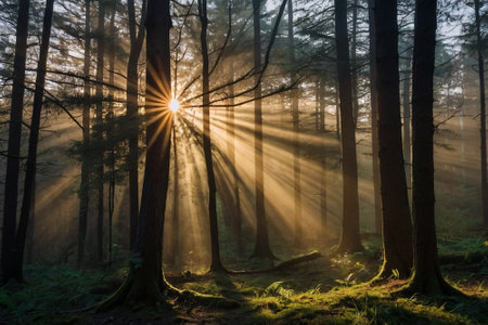 Sunrise in the forest with fog and sunlight in the morning.の素材