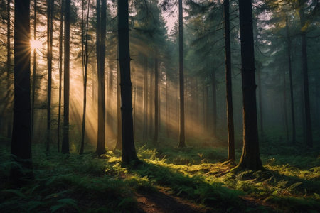 Sunrise in the forest with rays of light passing through the treesの素材