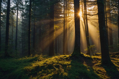 Sunrise in the forest with fog and sunbeams in the morningの素材
