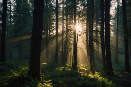 Sunbeams through the branches of trees in the forest at sunriseの素材