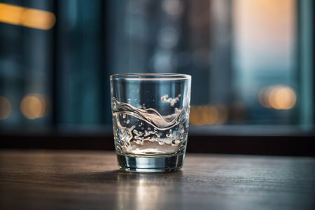 Glass of water on a wooden table in a restaurant. Selective focus.の素材