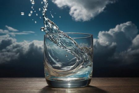 Water splashing out of a glass on wooden table with sky backgroundの素材