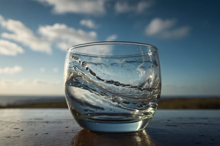 Glass of water on the table with blue sky and clouds background.の素材