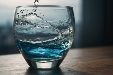 Blue water pouring into a glass on a wooden table in a pubの素材
