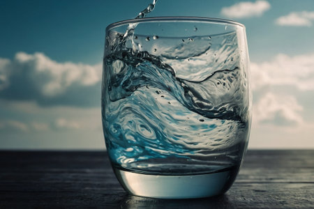 glass of water on wooden table with blue sky and clouds background.の素材