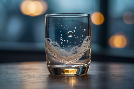 Glass of whiskey with splashes of water on a table in a pubの素材