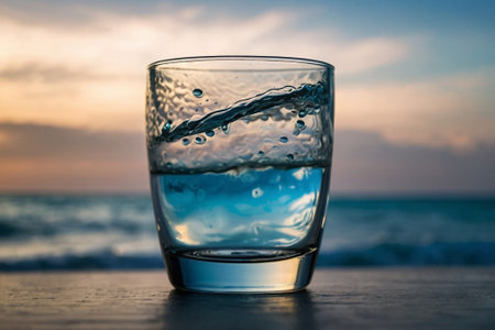 Glass of water on the beach with sunset sky background. Selective focus.の素材