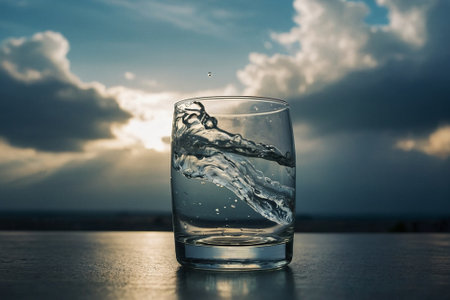 Water splashing into a glass on a background of sky with cloudsの素材