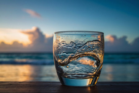 Glass of water on the beach with sunset sky and sea background.の素材