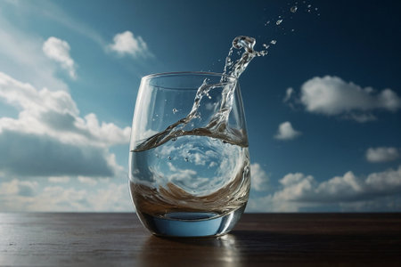 Glass of water with splash on wooden table and blue sky background.の素材