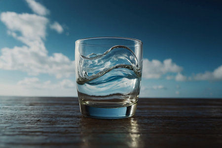 Glass of water on wooden table with blue sky and clouds background.の素材