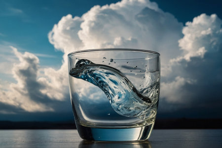 A glass of water with a blue sky and clouds in the backgroundの素材