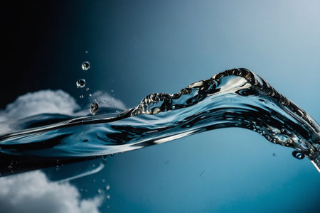 Water splash with bubbles on a dark blue background. Copy space.の素材