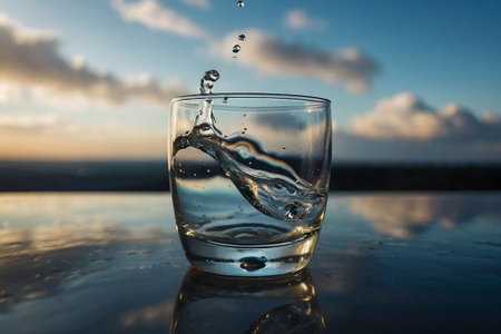 Water splashing into a glass of water on a sunset background.の素材