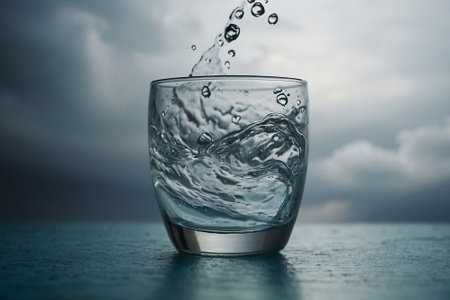Glass of water with splashes on a dark background. Selective focus.の素材