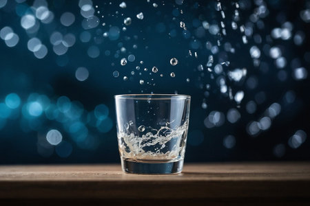 whiskey splashing out of glass on wooden table with bokeh backgroundの素材