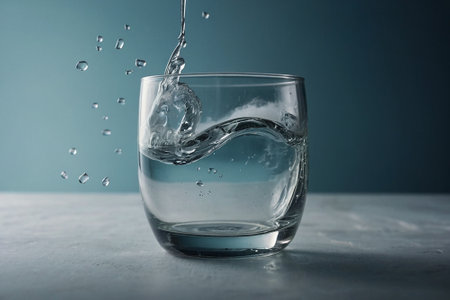 Pouring water into a glass with splashes on a blue backgroundの素材
