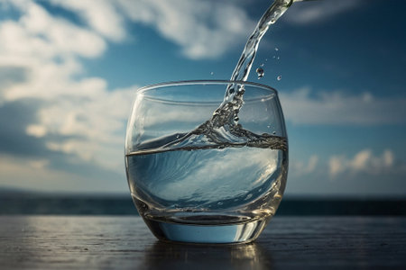 Pouring water into glass on blue sky background with copy space.の素材