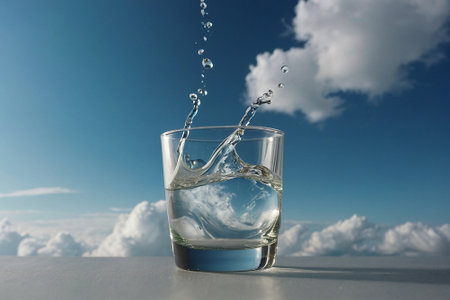 Water splashing into a glass with blue sky and clouds in the backgroundの素材