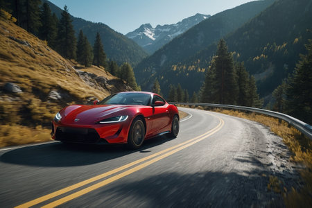 3D rendering of a red sports car driving on a mountain roadの素材
