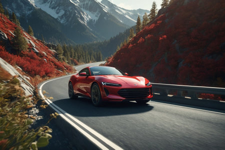 3D rendering of a red sports car driving on a mountain roadの素材