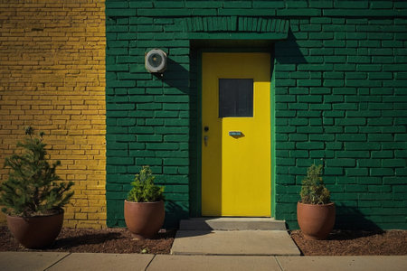 Yellow door in a green brick wall with a flowerpot in the foregroundの素材