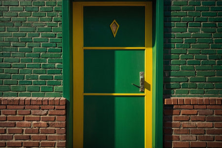 Green door with yellow handle in a brick wall of a building.の素材