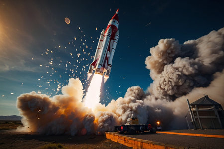 Space rocket takes off into the sky with smoke. 3d rendering.の素材