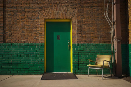 Green door with yellow chair and brick wall in the background. Front view.の素材