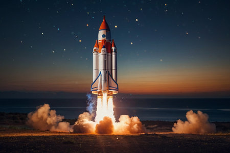 Rocket taking off into the night sky. Concept of business success.の素材
