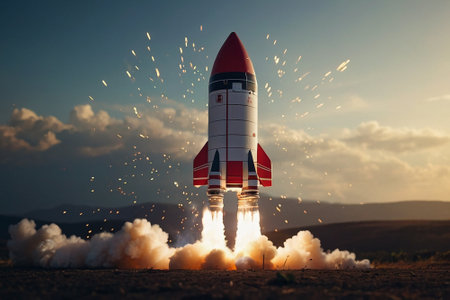 Rocket takes off from the ground. Concept of business start up.の素材