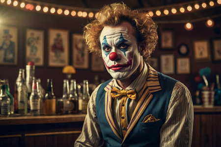 Portrait of a clown sitting at the bar counter in a pub.の素材