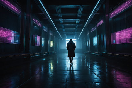 Silhouette of a man walking in the dark corridor with glowing neon lightsの素材