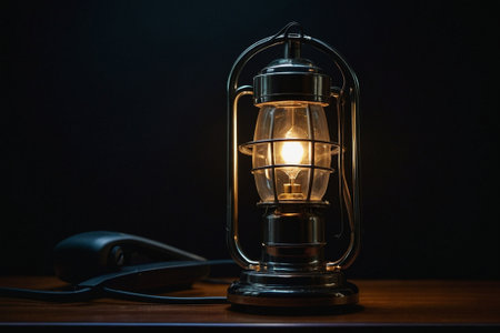 Lantern with a computer mouse on a wooden table. Dark background.の素材