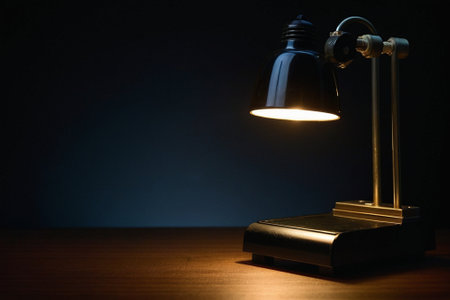 Lamp on a wooden table. Dark background. Selective focus.の素材