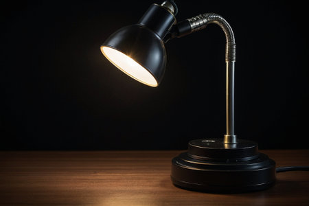 Table lamp on wooden table and black wall background with copy space.の素材