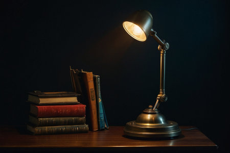 Table lamp and books on wooden table. Dark background. Back to school.の素材
