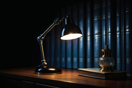 Table lamp and books on a wooden table in the dark room.の素材