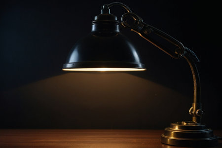 Vintage desk lamp on wooden table and dark background. Copy space.の素材
