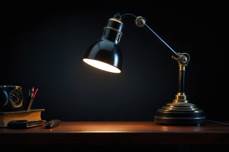 Vintage desk lamp with books and stationery on black background.の素材