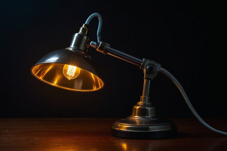 Vintage table lamp on black background. Copy space for text.の素材