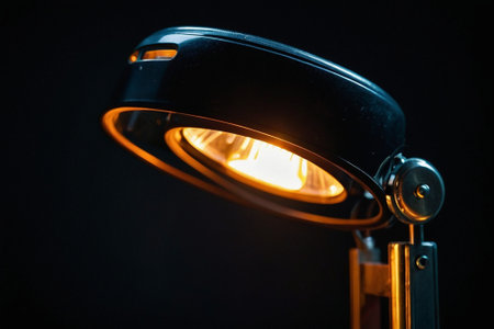 Close up of a modern street lamp on a black background. Selective focus.の素材