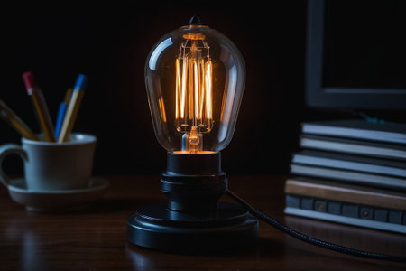 Vintage light bulb on the table with books, computer and coffee cupの素材