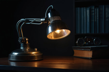 Vintage desk lamp and books on wooden table in dark room.の素材