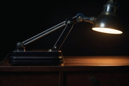 Vintage desk lamp on wooden table with black background, soft focusの素材