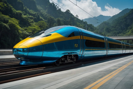 High speed train on the road in the mountains. Motion blur.の素材