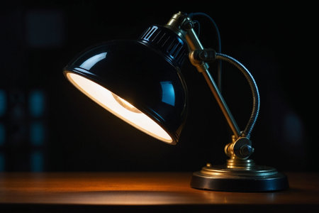 Vintage table lamp on wooden table in dark room, closeupの素材
