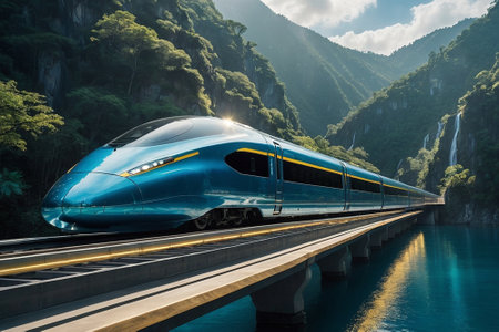 High speed train on the road in the mountains with beautiful landscape.の素材