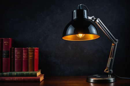 Table lamp and books on dark background. Education concept. Copy space.の素材